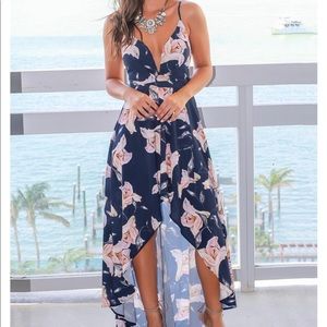 Navy Floral High Low Dress with Lace Up Back